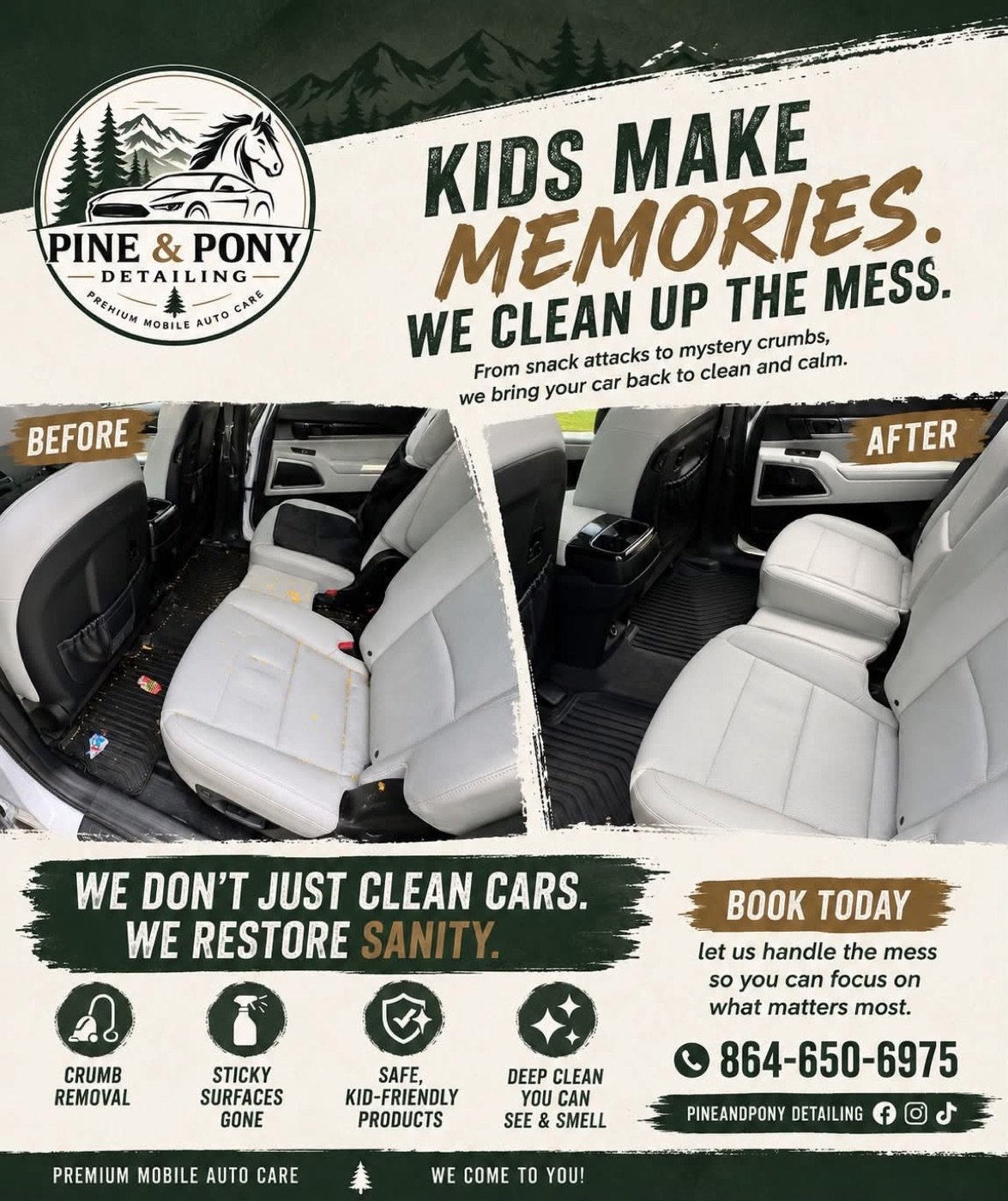 Family SUV light-grey rear seats covered in crumbs before, spotless after