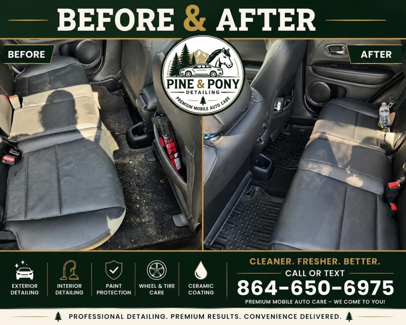 Dusty rear leather seat and carpet before, clean after