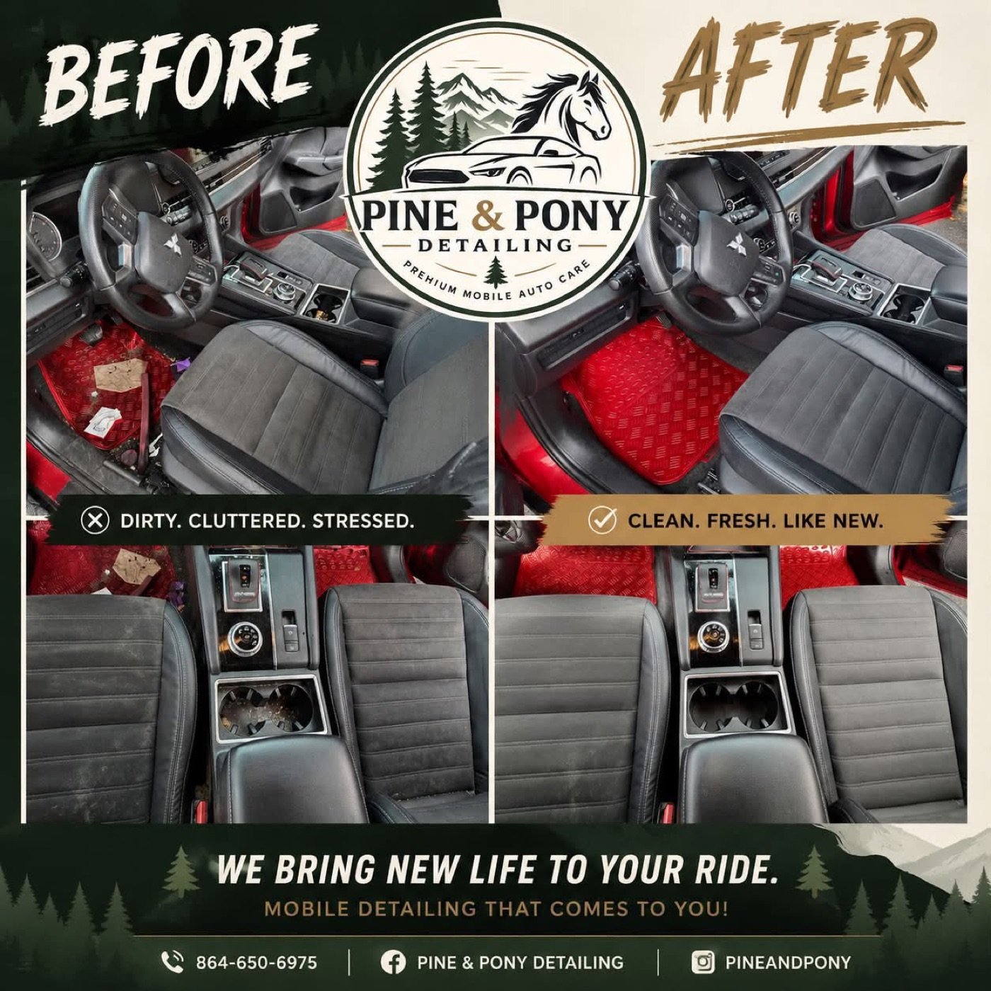 Cluttered Mitsubishi interior with red floor mats before, clean after